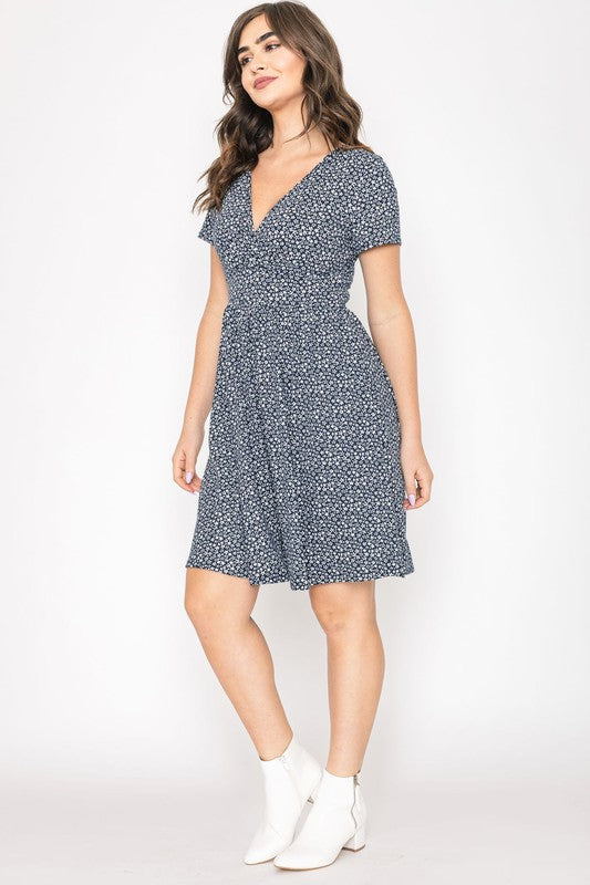 Plus Ditsy Surplice Fit and Flare Midi Dress