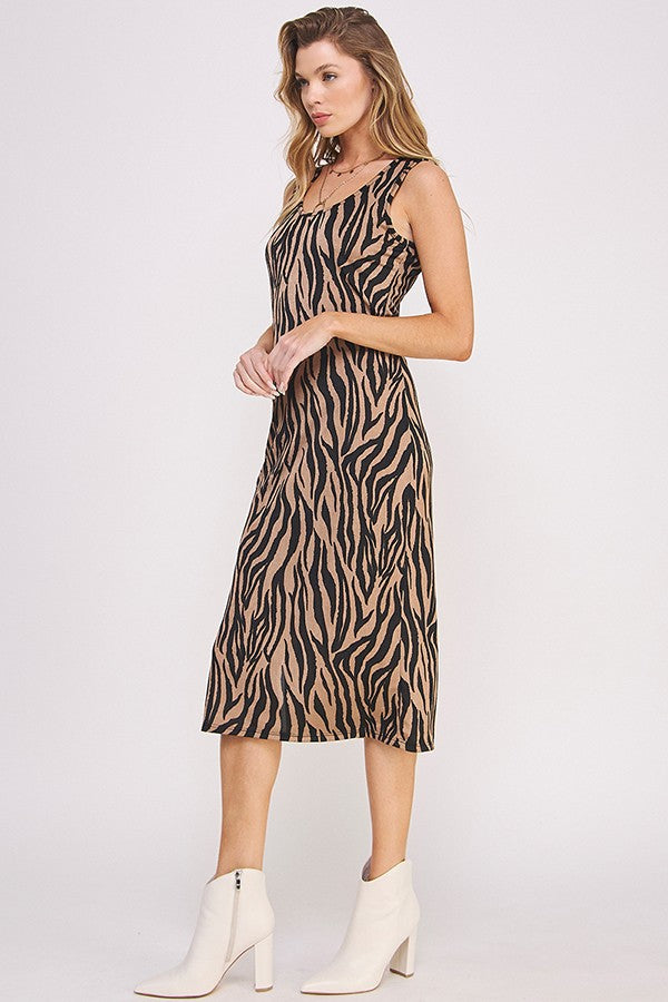 Curvy Mocha Zebra Print Midi Dress