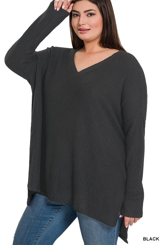 The Plus Brushed Thermal Waffle V-Neck Sweater