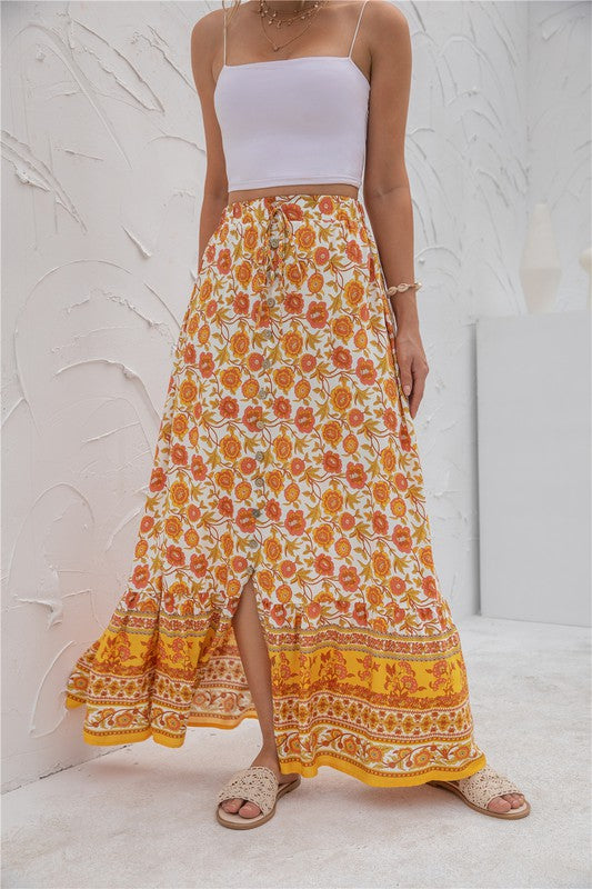 Orange Button Down Print Maxi Skirt