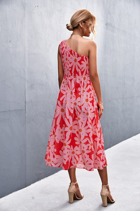 Red & Pink Asymmetric Floral Midi Dress