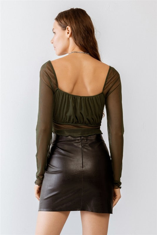 Mesh Dark Green Long Sleeve Crop Top