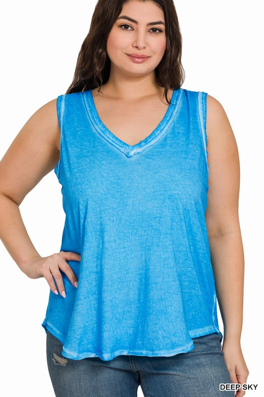 PLUS WASHED RAW EDGE V-NECK TANK TOP