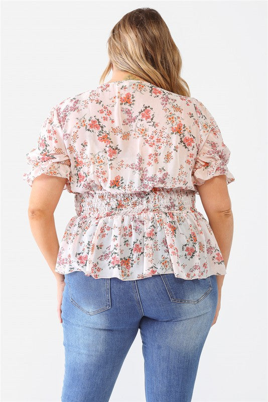 Curvy Floral Chiffon Puff Short Sleeve Top