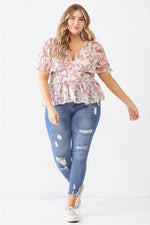 Curvy Floral Chiffon Puff Short Sleeve Top