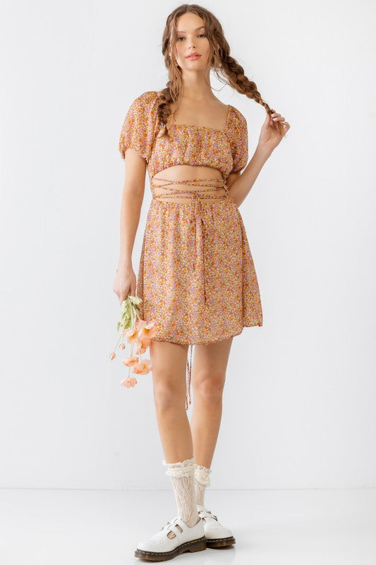 Flower Lace Puff Short Sleeve Mini Dress