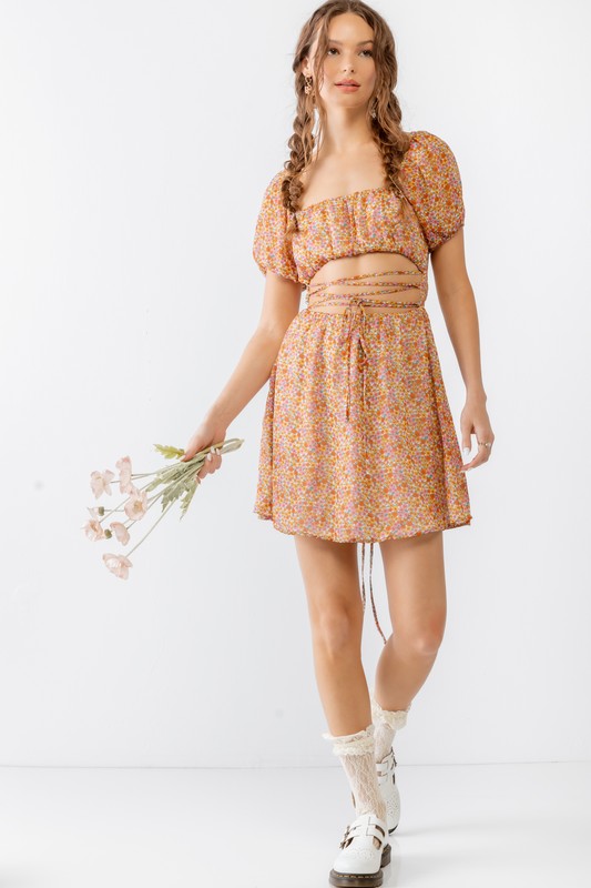 Flower Lace Puff Short Sleeve Mini Dress