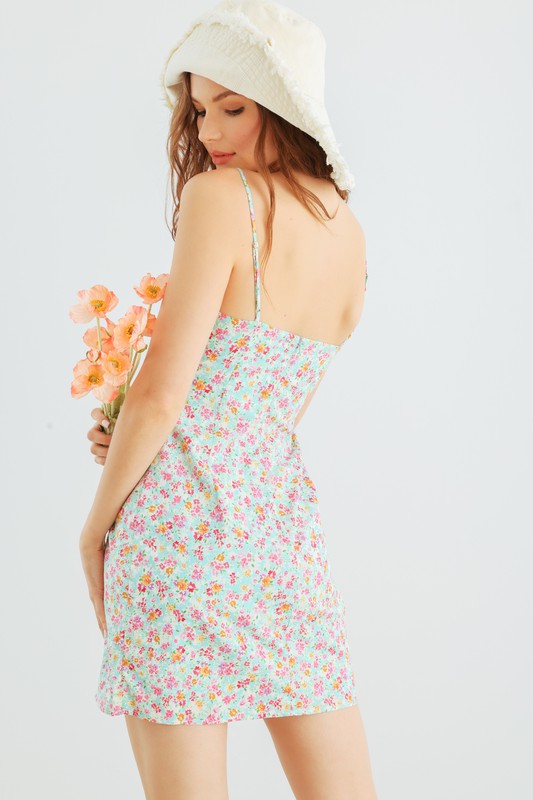 Ditsy Front Bow Sleeveless Mini Dress