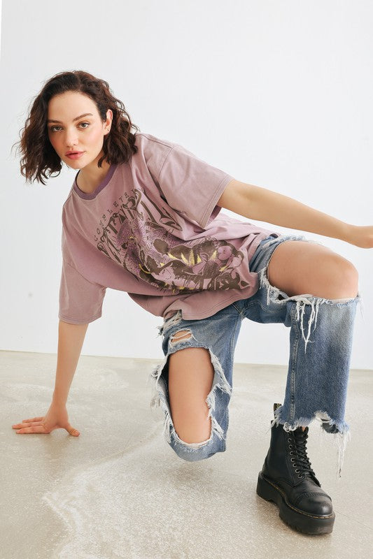 Lavender Crew Neck Relaxed Graphic T-Shirt
