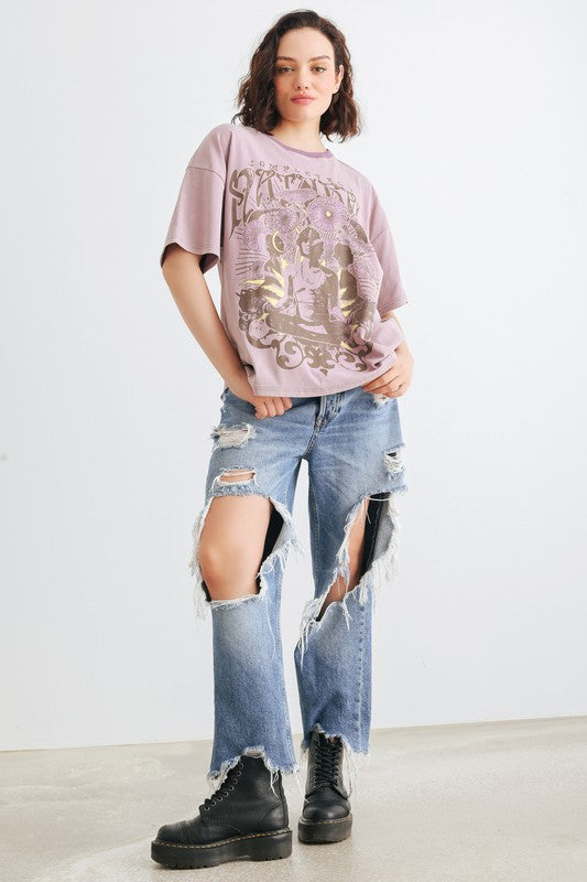 Lavender Crew Neck Relaxed Graphic T-Shirt