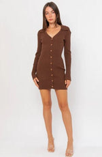 Brown Collared Long Sleeve Button-Up Mini Dress