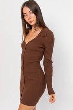 Brown Collared Long Sleeve Button-Up Mini Dress