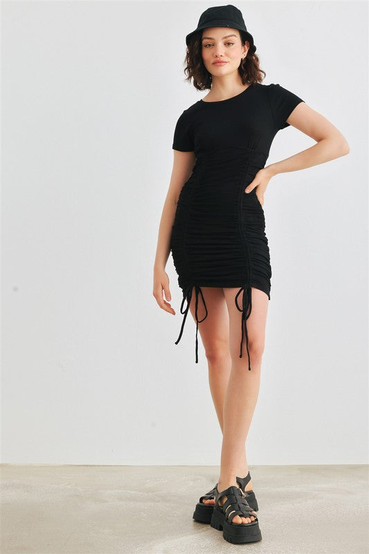Black Ribbed Short Sleeve Ruched Mini Dress