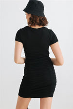 Black Ribbed Short Sleeve Ruched Mini Dress