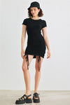 Black Ribbed Short Sleeve Ruched Mini Dress