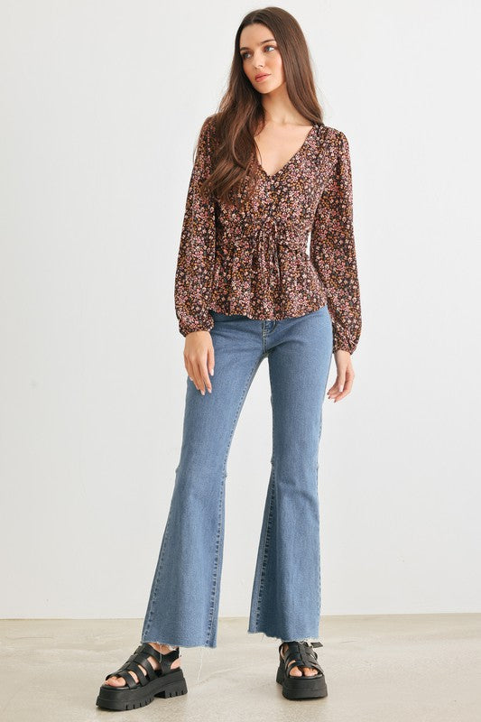 Floral V-Neck Long Sleeve Flare Hem Top