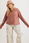 Curvy Waffle Knit Button Neck Long Sleeve Top