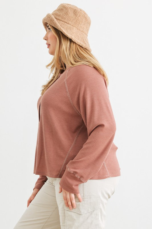 Curvy Waffle Knit Button Neck Long Sleeve Top