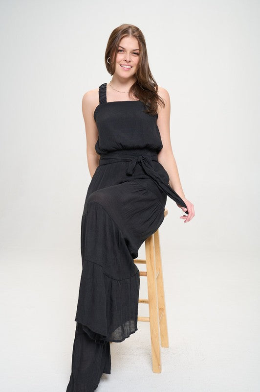 Curvy Elastic Strap Tiered Jumpsuit