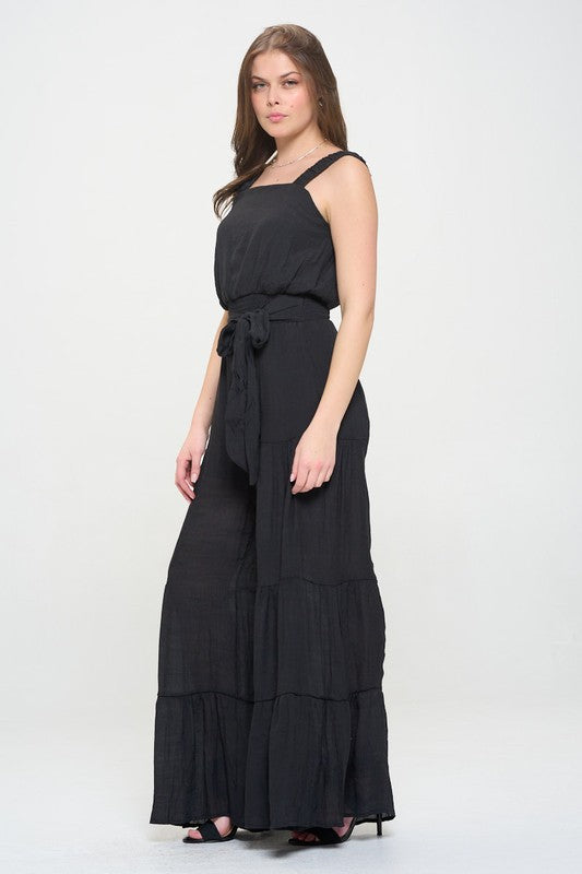 Curvy Elastic Strap Tiered Jumpsuit