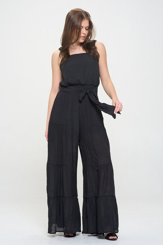 Curvy Elastic Strap Tiered Jumpsuit