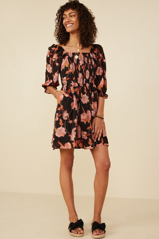 Black Floral Smocked Dress