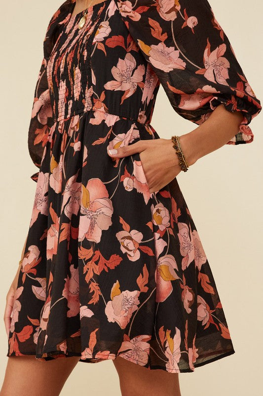 Black Floral Smocked Dress