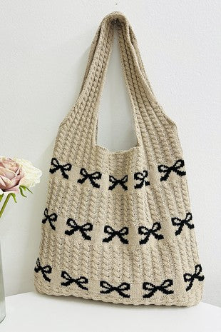 Bow Woven Knit Tote Bag