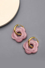 Pink Flower Charm Hoop Earrings