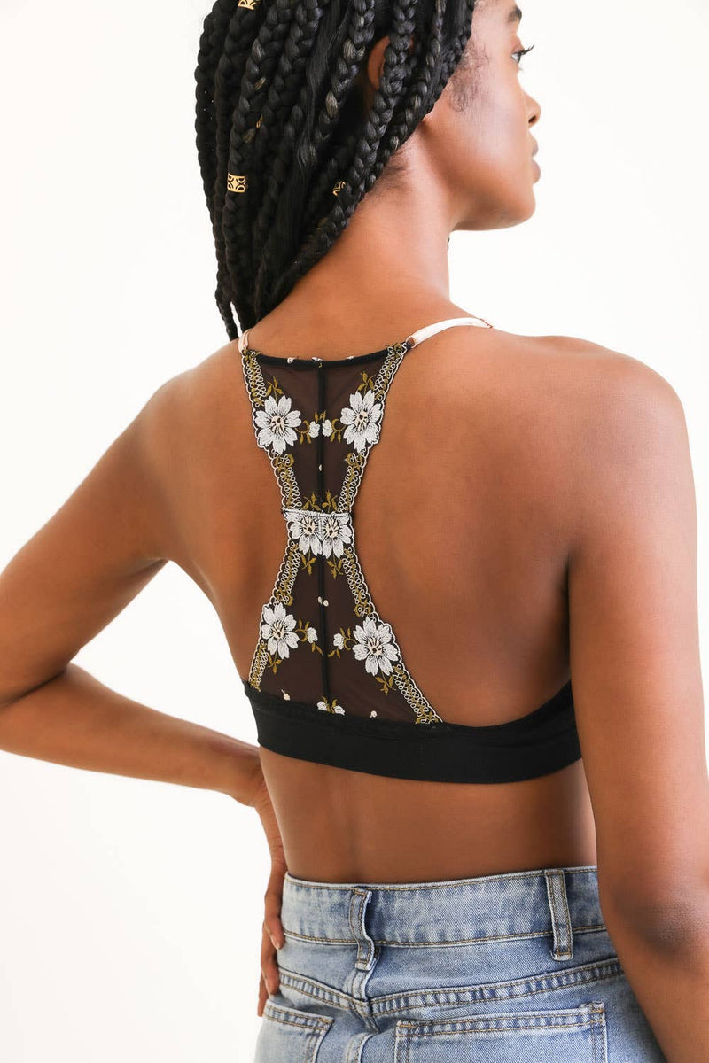 Black Floral Lattice Racerback Bralette