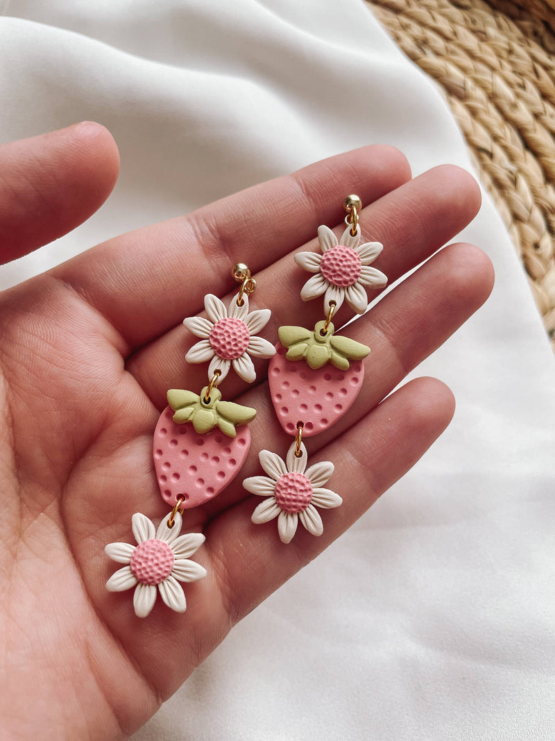 Pink Strawberry Daisy Stacked Earrings