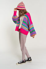 Chunky Knit Multi-Striped Open Sweater Cardigan