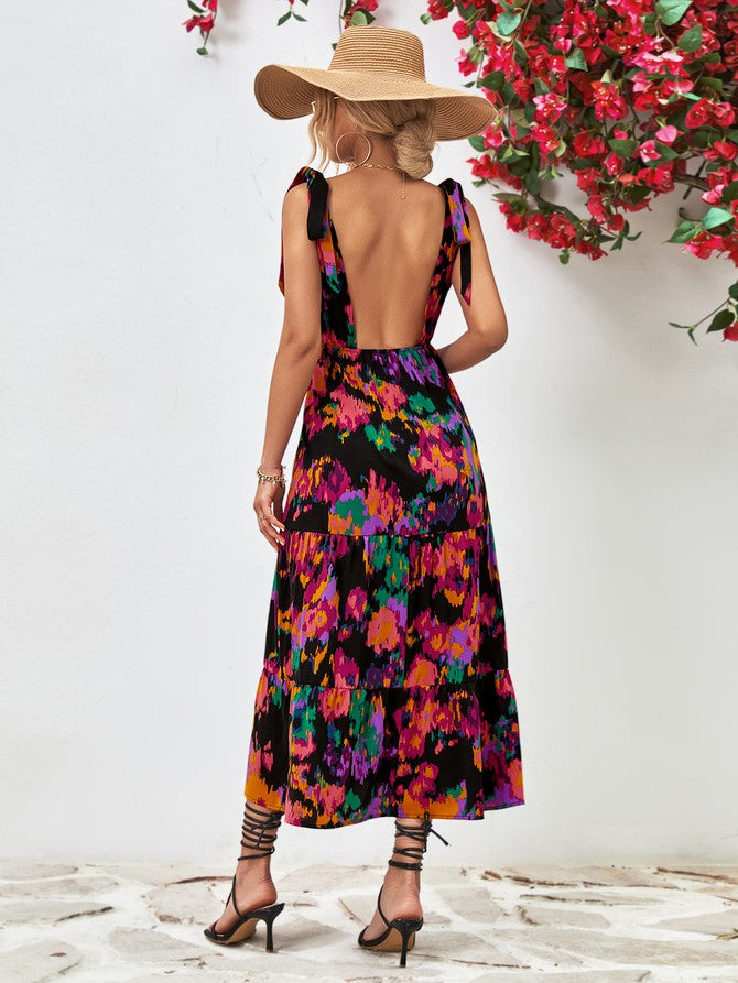Black Watercolor Tie Strap Maxi Dress