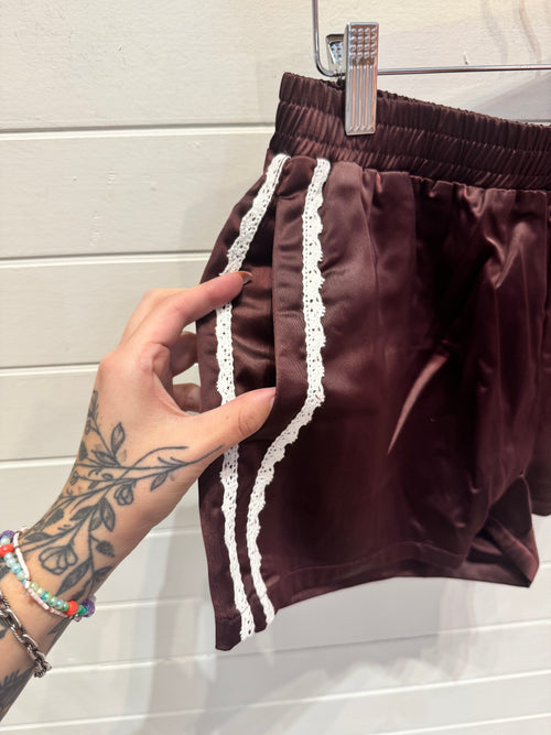 Lace Maroon Satin Shorts