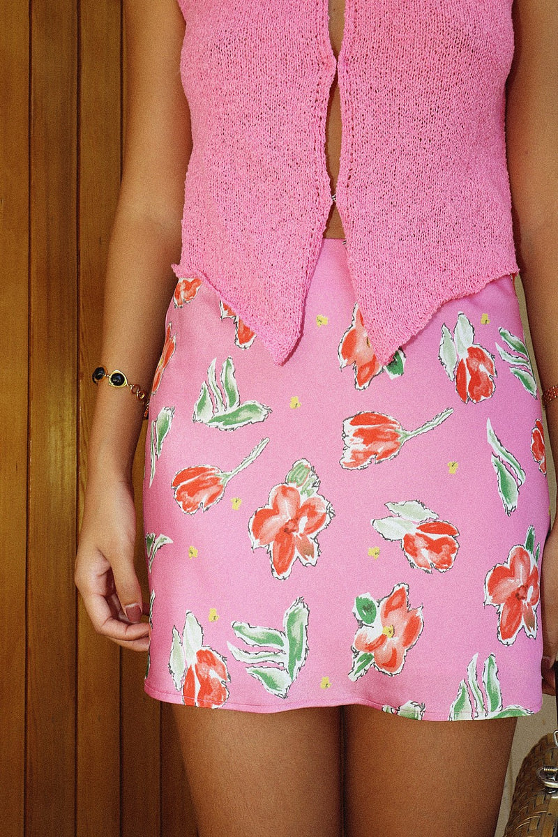 Satin Painted Pink Mini Skirt