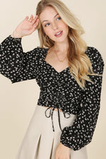 Ruched Floral Tie Long Sleeve Blouse