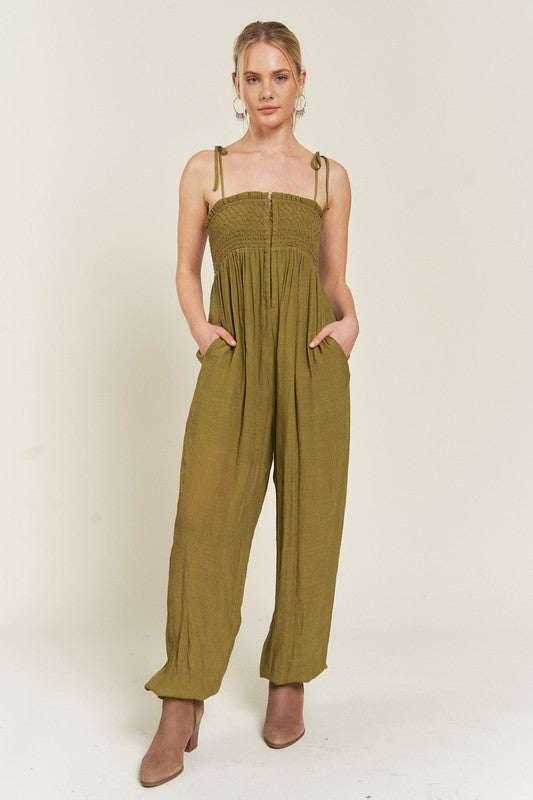 Curvy Smocked Tie Jumpsuit