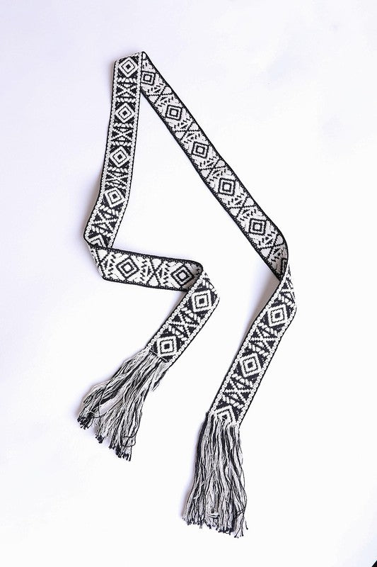 Woven Aztec Waist Tie Belt w/ Frayed Trim