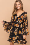 Black Floral Watercolor Long Sleeve Dress