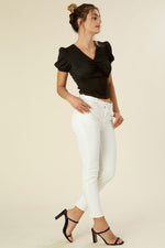 Shirred V Neck Puff Sleeve Top