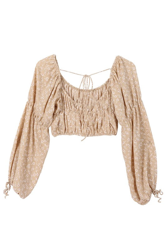 Square Neck Taupe Floral Tie Blouse