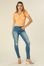 Shirred V Neck Puff Sleeve Top
